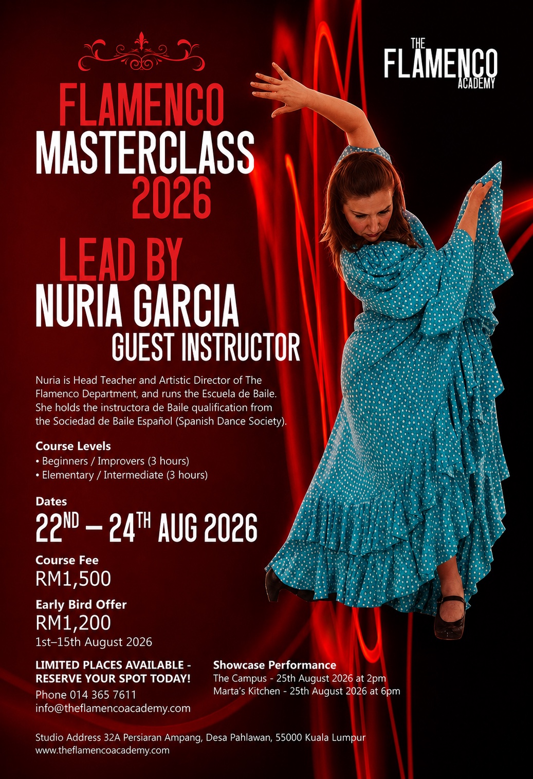 Flamenco Masterclass 2026 poster: Nuria García, guest instructor, 22 to 24 August 2026