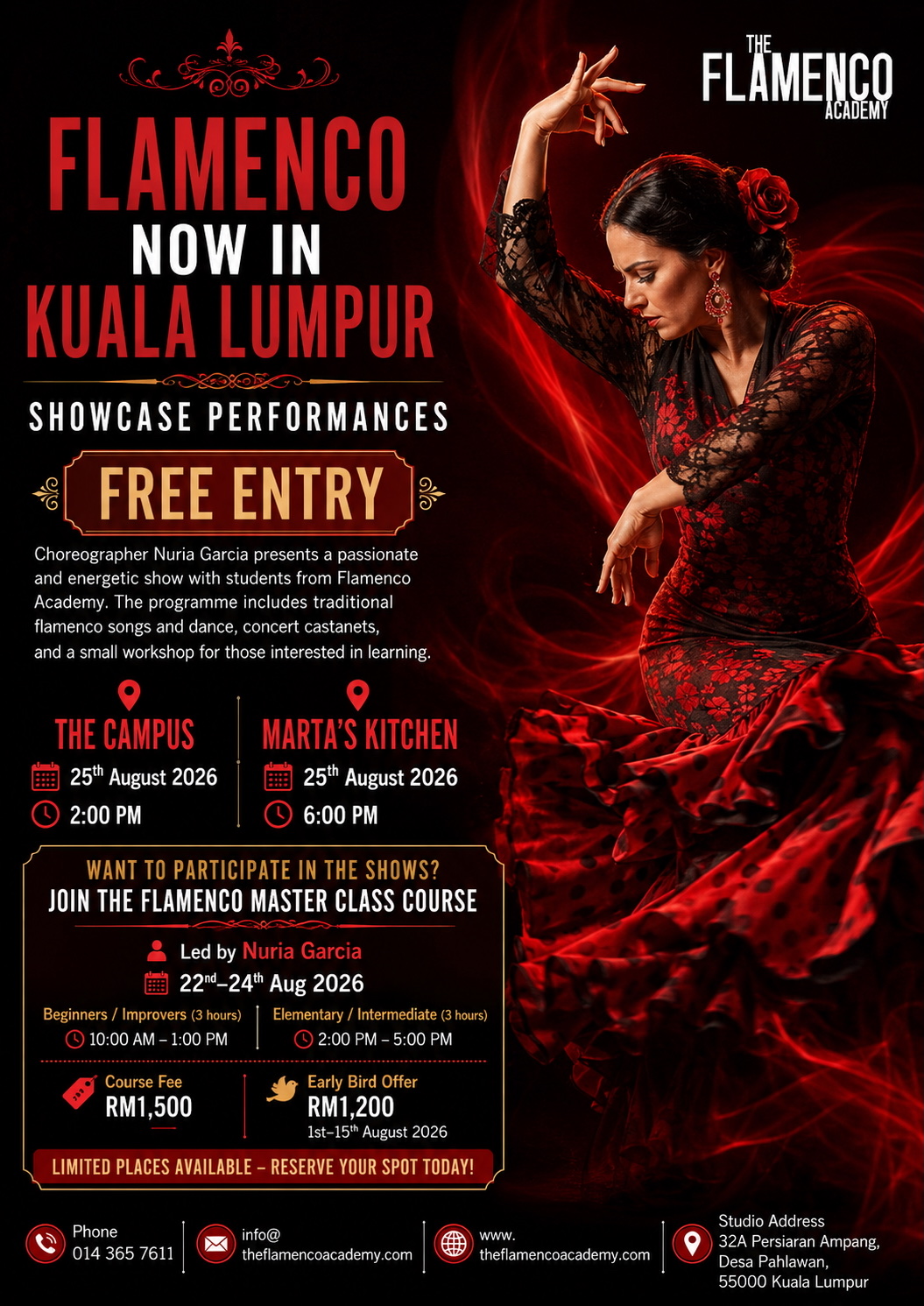 Flamenco showcase performances in Kuala Lumpur, 25 August 2026: The Campus at 2pm and Marta's Kitchen at 6pm, free entry